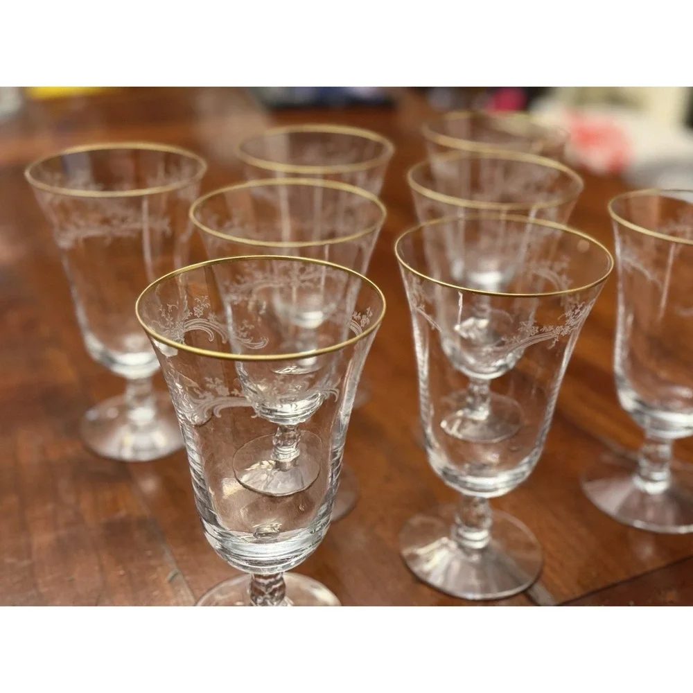 Golden Lace by Fostoria‎ Iced Tea Glasses Set of 8 Vintage Water Etched w/h Gold